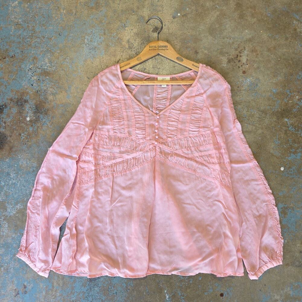 Vintage Y2K Pink Coquette Top Size MP Romantic J Jill Pleats Boho V Neck Peasant